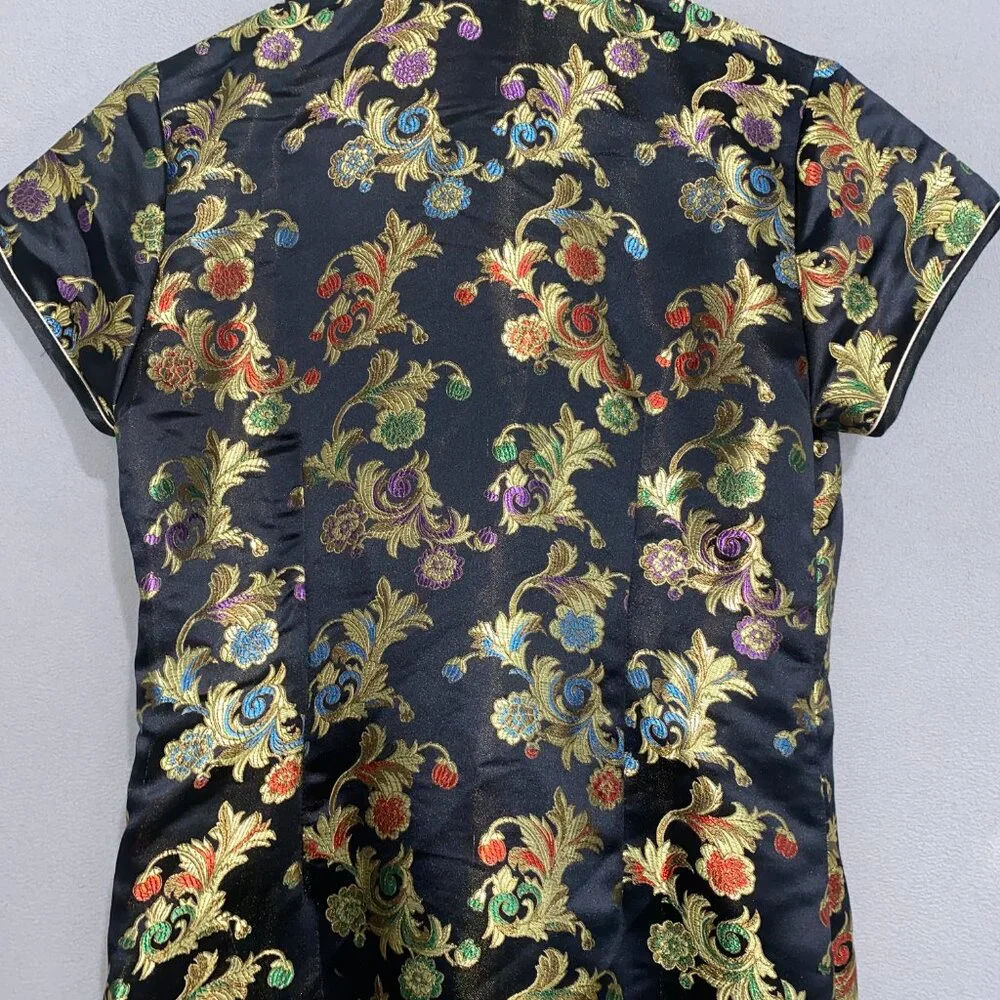 Brocade Cheongsam Qipao Dress Black Gold Floral Mandarin Collar M - Picture 7 of 9
